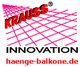Krauss-Logo mit rosa Gitter, Text "INNOVATION" und URL "haenge-balkone.de".