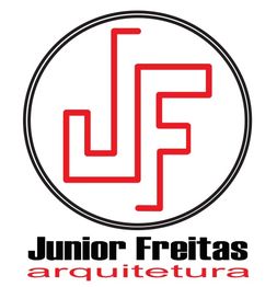 Logotipo com as letras "JF" em vermelho, circundadas, e texto "Junior Freitas arquitetura".