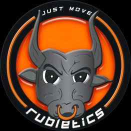 Stierkopf-Logo mit "Just Move"-Schriftzug, "rubletics" darunter, auf einem orange-schwarzen Kreis.