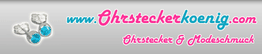 Zwei Ohrstecker und Website-URL „www.ohrsteckerkoenig.com“ mit Text „Ohrstecker & Modeschmuck“.