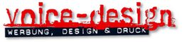 Logo mit Text: "voice-design" und darunter "WERBUNG, DESIGN & DRUCK" in Rot und Schwarz.