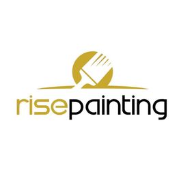 Logo with a paintbrush and the words "rise painting" in gold and black.