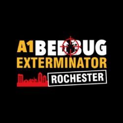 Logo for A1 Bed Bug Exterminator Rochester with city skyline, black background.