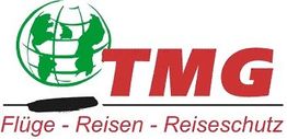 Logo mit grünem Globus, rotem "TMG" und Text "Flüge - Reisen - Reiseschutz".