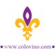 Lilienstilisierte gelb-lila Grafik mit der URL www.colovino.com darunter.