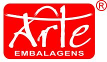 Logotipo vermelho com texto "Arte Embalagens" em branco estilizado.
