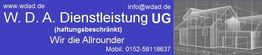 Blaues Banner mit Text zur W. D. A. Dienstleistung UG und skizziertem Haus. Kontaktinfos vorhanden.