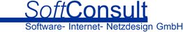 Logo mit Text: "SoftConsult Software - Internet - Netzdesign GmbH" in blauem Schriftzug.