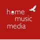 Roter Hintergrund mit den Worten "home music media" und einem stilisierten Vogel oben rechts.