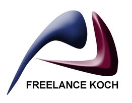 Abstraktes Logo mit Text "FREELANCE KOCH" in schwarz, daneben gebogene Formen in Blau und Rot.