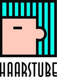 Stilisiertes Gesicht mit türkis-schwarzen Haaren und Schriftzug "HAARSTUBE" darunter.