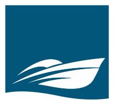 Weißes Boot auf blauem Hintergrund, stilisiertes Logo.