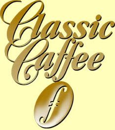 Goldene Schrift "Classic Caffee" auf gelbem Hintergrund mit einem stilisierten Kaffee-Logo unten.