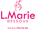 L.Marie Dessous Logo in Pink mit Katzenillustration und Website-Link unten.