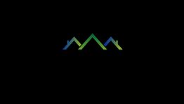 Minimalist mountain logo in green and blue against a black background.