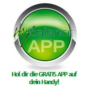 Grünes Logo "my balance APP" mit Text: Hol dir die GRATIS APP auf dein Handy!