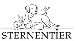 Hund, Katze, Kaninchen, Schwalbe mit Schriftzug "STERNENTIER" darunter.