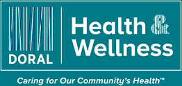 Doral Health & Wellness logo on a teal background, with the slogan "Caring for Our Community's Health."