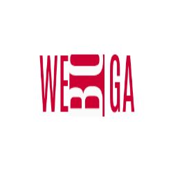 Red and white Wega logo with mirrored letters and geometric shapes.