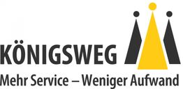 Logo mit Text: "KÖNIGSWEG", darunter "Mehr Service – Weniger Aufwand", Drei Kronen-Symbole.