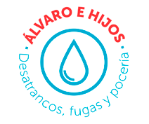 Logotipo con texto "Álvaro e Hijos. Desatrancos, fugas y pocería" y dibujo de gota de agua.