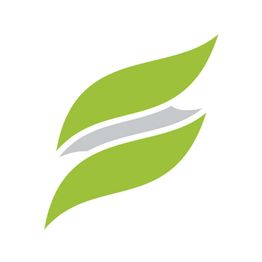 Zwei grüne Blätter mit einem grauen S-förmigen Element in der Mitte auf weißem Hintergrund.