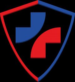 Ein Wappen mit einer roten und blauen Rampe, umgeben von einem roten und blauen Rand.