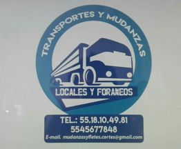 Logotipo de "Transportes y Mudanzas", muestra un camión y datos de contacto en color azul.