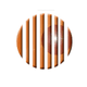 Abstraktes, gestreiftes rundes Logo mit rötlich-braunen und orangefarbenen Elementen.