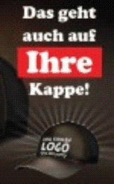 Schwarze Kappe mit Schriftzug "Das geht auch auf Ihre Kappe!" in weiß und rot.