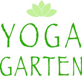 Text: "Yoga Garten" in grüner Schrift mit einem Blattmuster oben.