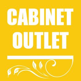 Yellow background with the words "Cabinet Outlet" and a decorative white flourish below.