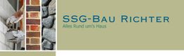 Drei Bilder: Ziegelwand, Steine, Mörtelarbeit. Text: "SSG-Bau Richter, Alles Rund um's Haus".