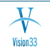 Blue "V" with a curved line above "Vision33" in blue text on white background.