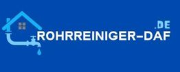Logo eines Rohrreinigungsdienstes, blaues Haus mit Rohr und Wasserhahn, Text: ROHRREINIGER-DAF.