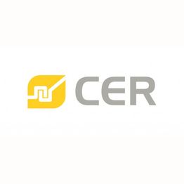 Logo CER avec un carré jaune à motifs et texte gris sur fond blanc.