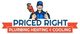 Illustration of a plumber with a wrench, logo reads "Priced Right Plumbing Heating & Cooling."