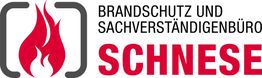 Logo mit rotem Flammenmotiv, Text: "Brandschutz und Sachverständigenbüro Schnese".