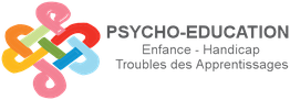 Logo coloré de Psycho-Éducation avec texte sur enfance, handicap et troubles d'apprentissages.