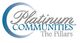 Logo of Platinum Communities, The Pillars, with stylized text and circular design.