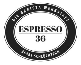Schwarzes Emblem mit "ESPRESSO 36" in der Mitte und "DIE BARISTA WERKSTATT" oben, Ortsnummer unten.