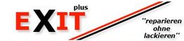 Logo mit "EXIT plus" und Slogan "reparieren ohne lackieren" neben rot-schwarzen Streifen.