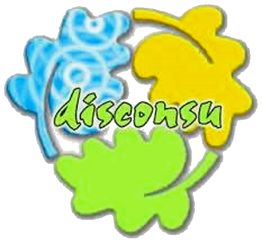 Tres hojas de colores con la palabra "Disconsu" en el centro.