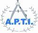 Logo con compás, texto A.P.T.I. y ramas de laurel alrededor.