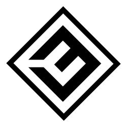 Schwarzes geometrisches Logo in Form eines stilisierten Buchstabens "E" in einem Rautenkreis.