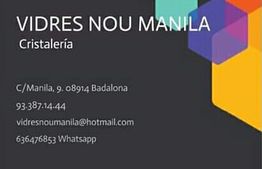 Tarjeta de presentación de "Vidres Nou Manila" con contacto y dirección en Badalona.