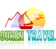 Logotipo de "Ouren Travel" con montañas, barco, sol y aves reflejados en el agua.