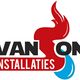 Logo met tekst "VAN SON INSTALLATIES" in rood en zwart, met een vlam en een druppel symbool.