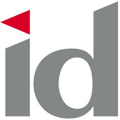 Graues "id"-Logo mit rotem Dreieck über dem "i".