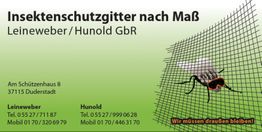 Visitenkarte für Insektenschutzgitter mit Fliegengitter, Kontaktinfos und Slogan "Wir müssen draußen bleiben!".